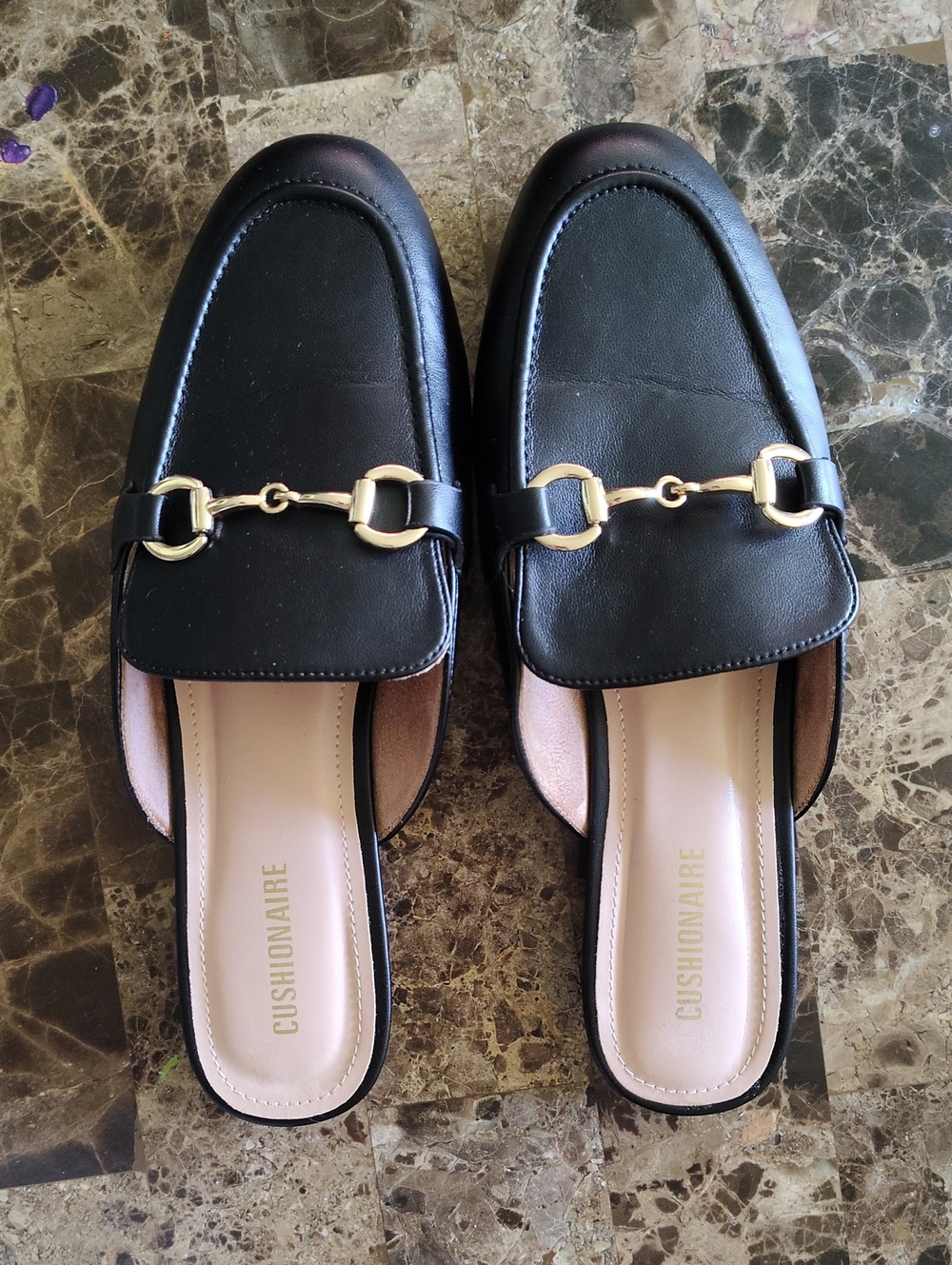 Cushionaire- Size 10 Black Slip On Mules -Gold Accessory Great Condition!